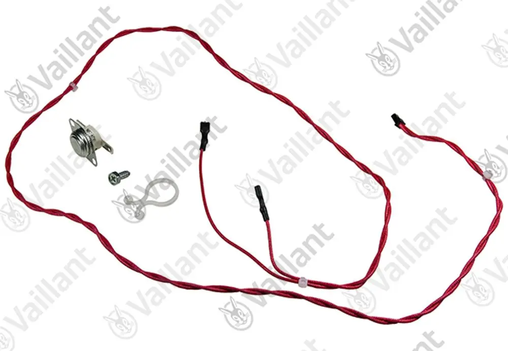 Vaillant Sensor mit Kabel, bestehend aus einem Anschlussstecker, zwei Kabeln und einem Montageschraube, auf weißem Hintergrund.